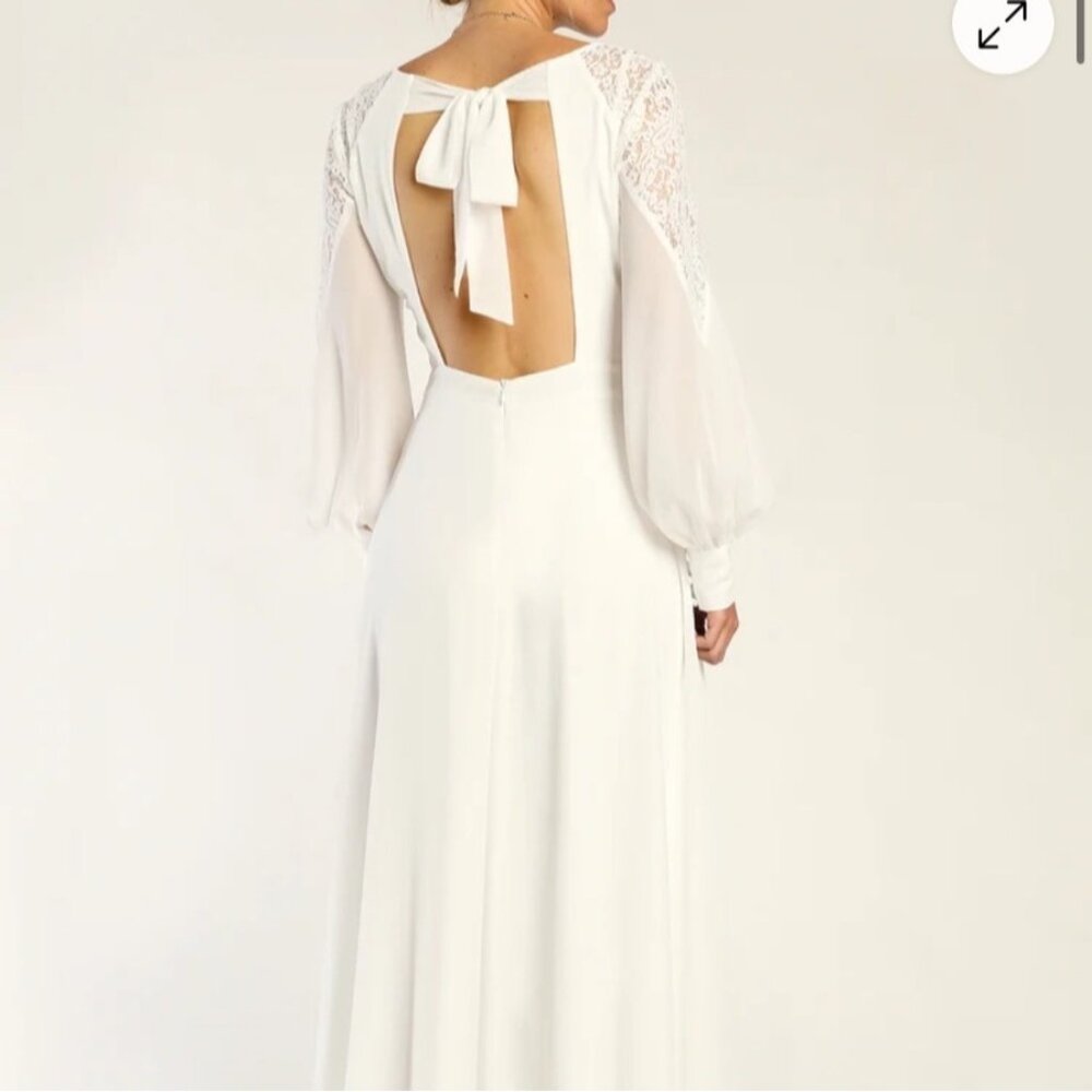 Lulus Astra Lace V Neck Maxi Wedding Dress Size S Chiffon Romantic Rustic Slit - Picture 2 of 10